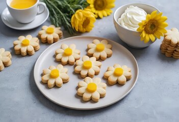 A plate of butter cookies in the shape of flowers with a cup of tea in the background