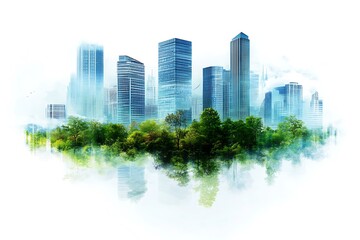 Fototapeta premium A serene cityscape blending urban buildings with lush greenery and reflections.