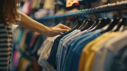 Fototapeta premium Woman's hand choosing thrifty and discount t-shirt clothes in store, AI generated image