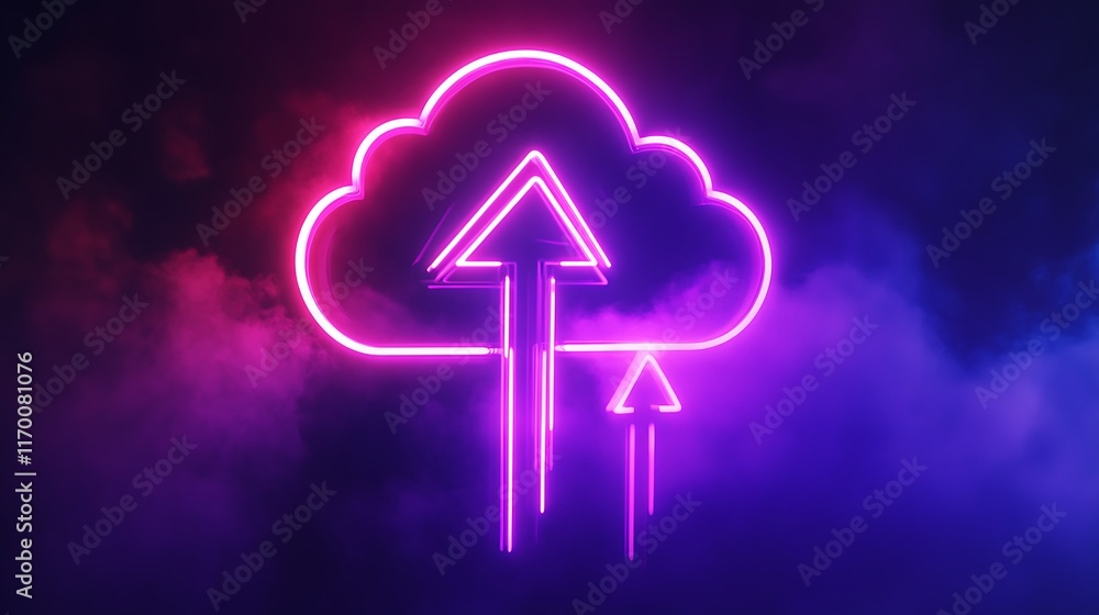 Aufkleber a glowing neon data cloud icon in purple and pink, with glowing arrows pointing upward into the clou