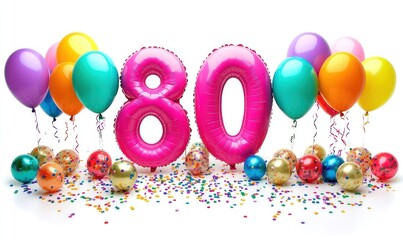 Pink eighty balloon, confetti, balloons, celebration, white background, party, anniversary, digital render