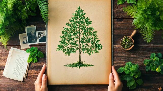 Vintage family tree creation with plant elements in a rustic setting