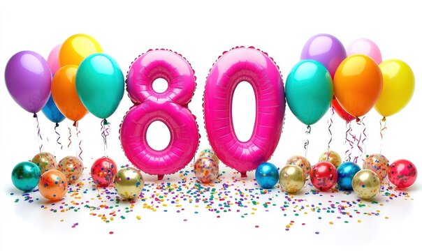 Pink eighty balloon, confetti, balloons, celebration, white background, party, anniversary, digital render