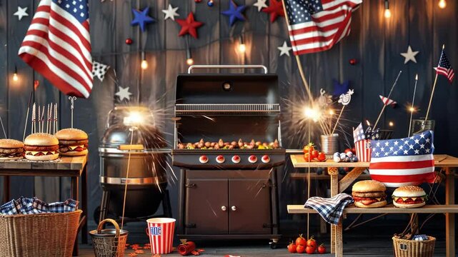 Fourth of July Celebration with American Flags, Barbecue, and Fireworks on Wooden Background