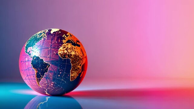 Transparent glass globe with illuminated world map on pink and orange gradient background. Colorful design.