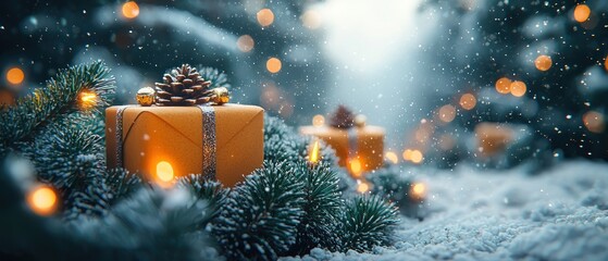 A festive scene with Christmas gifts amidst snowy trees and soft lights.