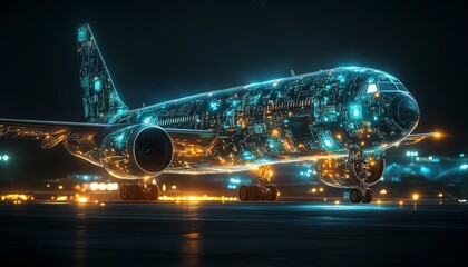 Futuristic airplane with integrated glowing circuit board, digital artwork, representing advanced aviation technology and hightech innovation