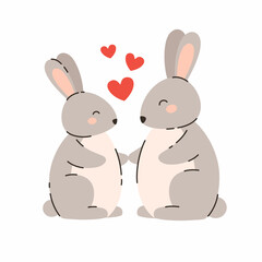 A pair of cute rabbits in love. Flat vector illustration.