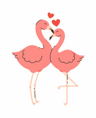 Couple of cute flamingos in love. Flat vector illustration.