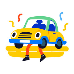 A travel car with legs walking on a road, flat style sticker 

