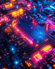 Futuristic circuit board with glowing neon lights, showcasing modern electronic components, closeup vibrant abstract style, hightech design