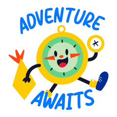 Flat sticker of a happy compass character with the text 