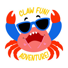 A crab character wearing sunglasses with text 