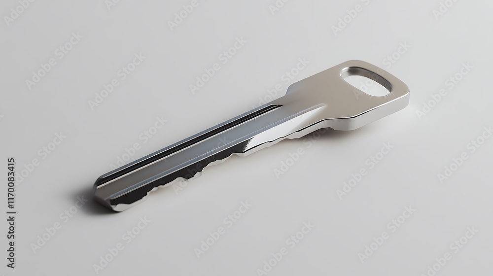 Poster a shiny metal key lying on a smooth surface, symbolizing access and security.