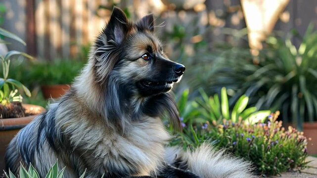 Keeshond dog sitting in a garden filled with green plants and succulents, gazing attentively into the distance on a bright day. ai