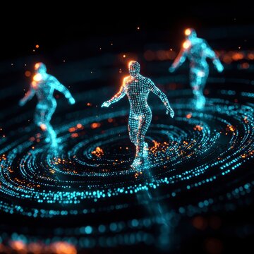 Floating human figures made of binary code, connected by beams of light in a virtual space filled with swirling data and holographic projections,