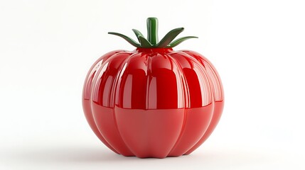 A shiny, red tomato-shaped container with a green stem, ideal for decorative use.