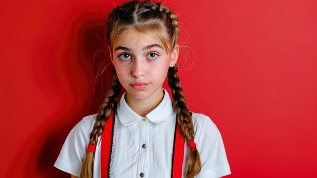 Young girl with long braided hair wearing a white shirt and red suspenders, looking directly at the camera with a serious expression against a bright red background.