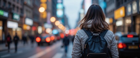 Woman walking on a busy city street at dusk, creating a dynamic urban scene with a space for text, ideal for travel or city related designs.