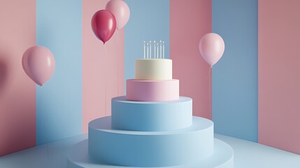 Pastel Birthday Cake With Balloons And Candles