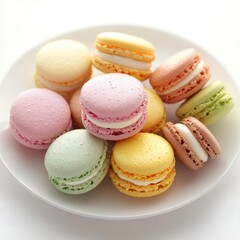 Fototapeta premium A plate of assorted pastel-colored macarons, delicately arranged on a white background, showcasing appetizing textures,