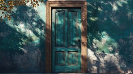 Vintage Teal Door on Weathered Wall: Architectural Photography