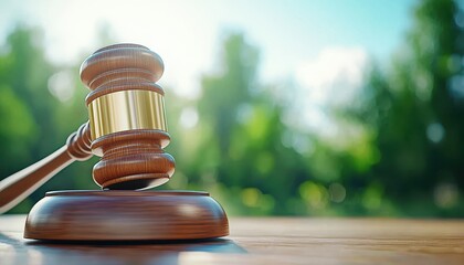 Obraz premium A gavel rests on a wooden surface, symbolizing justice and law, with a blurred natural background enhancing the focus on the legal theme.