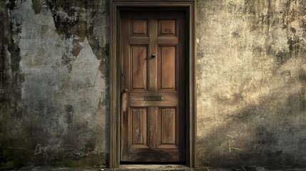 Aged Wooden Door on Weathered Wall: Vintage Architecture