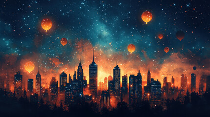 Cityscape silhouette with hot air balloons under starry night sky.