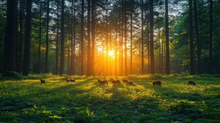 Obraz premium Majestic sunset illuminating a herd of sheep grazing peacefully in a lush green forest clearing.