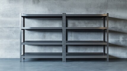 Industrial warehouse shelves against concrete wall with open space for customization in a panoramic layout suitable for various purposes