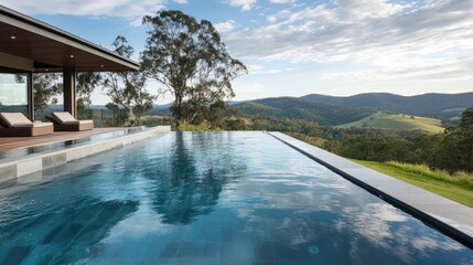 Fototapeta premium Luxurious infinity swimming pool with stunning hilltop views in a serene natural setting.