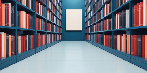 A modern library corridor lined with colorful bookshelves, leading to a blank canvas on the wall, inviting creativity and exploration.