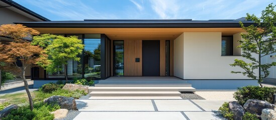 Modern house entrance with clean lines and neutral tones showcasing minimalist architectural design in a serene outdoor setting