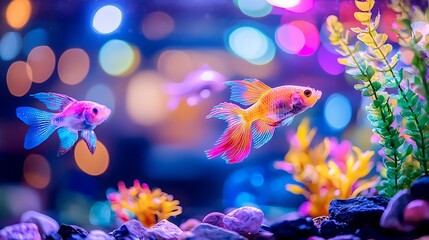 Colorful goldfish and plants swim in a vibrant aquarium, illuminated by bokeh lights.