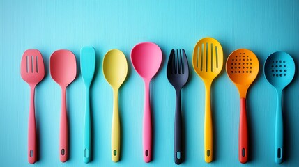 Colorful Kitchen Utensils on Bright Blue Background