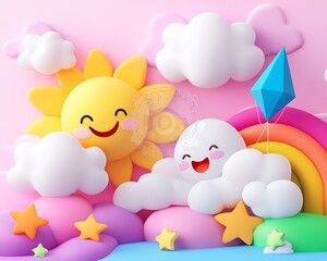 Cheerful cartoon sun, cloud, rainbow, and kite in pastel colors.