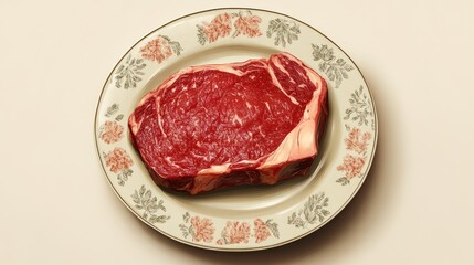 Obraz premium Raw beef steak on a vintage plate showcasing marbling and texture ideal for culinary presentations and gourmet cooking concepts.