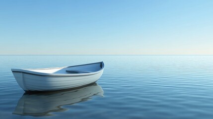 Naklejka premium Serene landscape featuring a small boat on a tranquil sea under clear skies with plenty of space for text and design elements