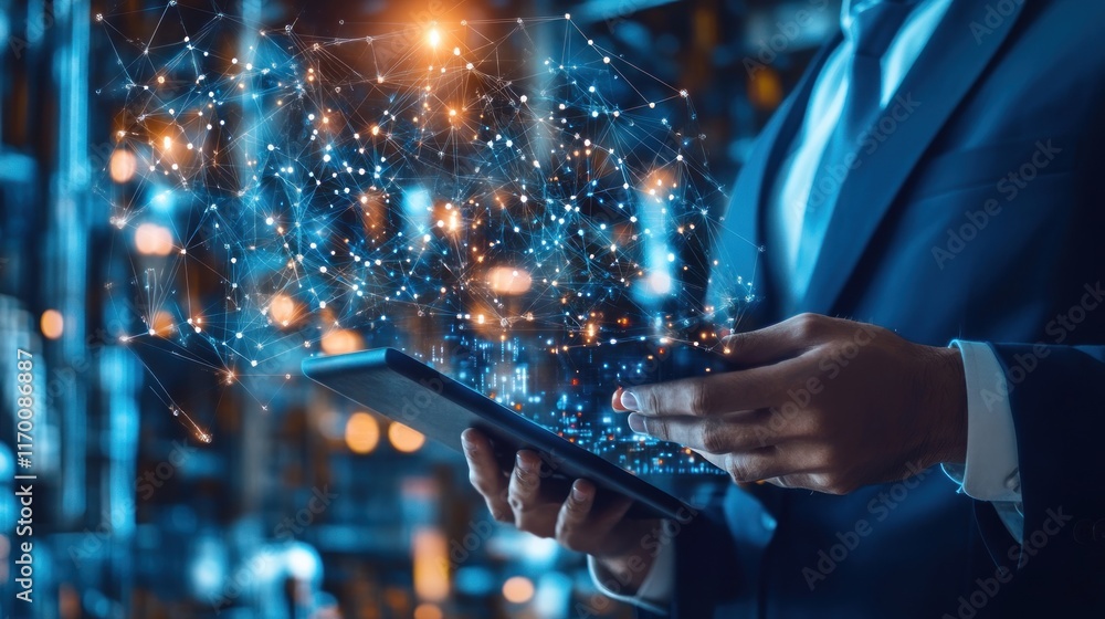 Poster a businessman interacts with a digital tablet displaying a network of connections.