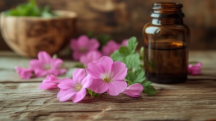 Pink geranium flowers with leaves and amber bottle on rustic wooden background showcasing natural remedies and herbal essence.