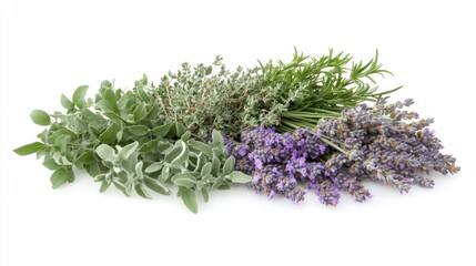 Fresh medicinal herbs including lavender, sage, and thyme arranged artistically on a white background for wellness and culinary use.