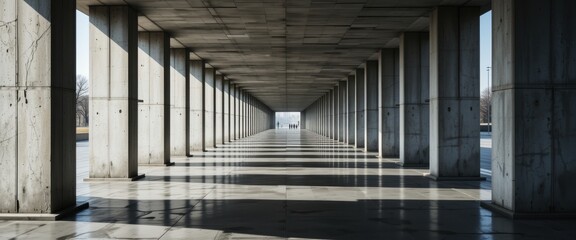 Abstract concrete interior with long pillars and natural light, creating a vast and industrial image suitable for urban, architectural or design projects.