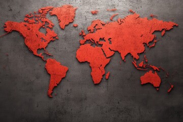 A textured world map in red against a dark gray background, showcasing continents with a modern, artistic touch.