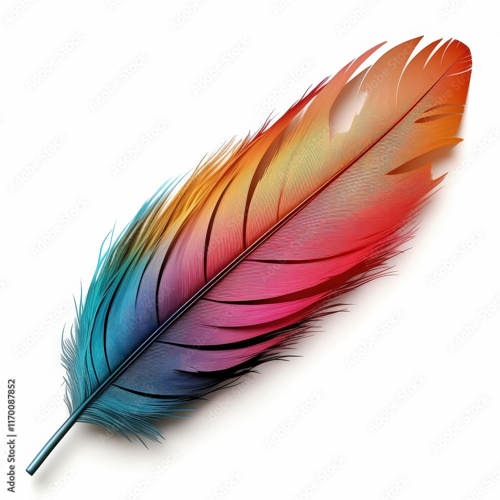 Poster vibrant colorful feather isolated on white background creating a stunning visual appeal with vivid h