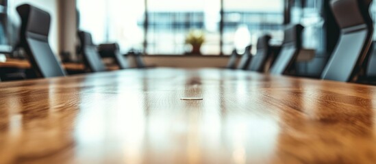Fototapeta premium Stylish modern office interior featuring a spacious wooden table designed for collaborative meetings and creative workspaces