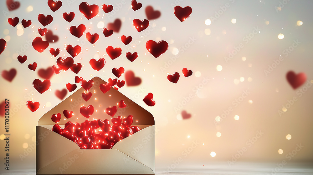 Poster a minimalistic scene showcasing an envelope with a burst of glowing red hearts rising into the air, 