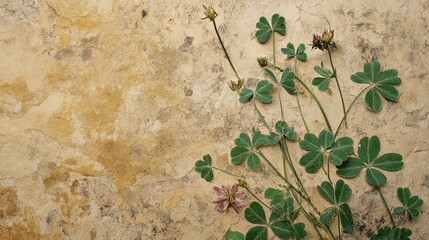 Naklejka premium Black medick plant Medicago lupulina with distinctive leaves and flowers against a textured yellow background in natural setting