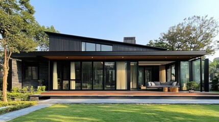 Contemporary Steel Structure with Large Windows and Outdoor Living Space