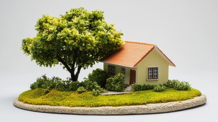 Miniature house model surrounded by greenery symbolizing real estate investment and financial growth in property market